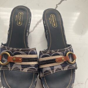 Coach Margo Denim Slide Sandals with Leather Trim and Brass Rings